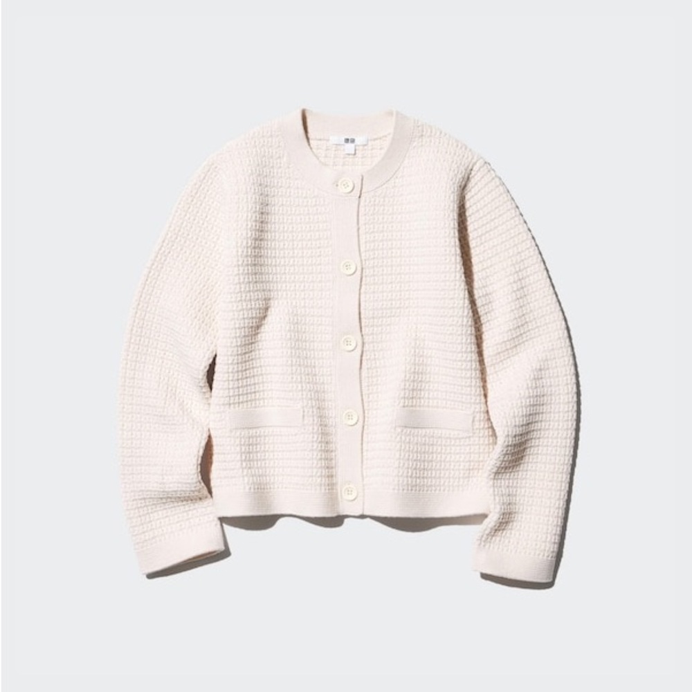 UNIQLO Women's Cream Textured Button-Front Cardigan Knitted Short Jacket